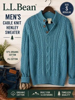 L.L. Bean Men's Organic Cable Knit Henley Sweater - Teal Donegal Size Small